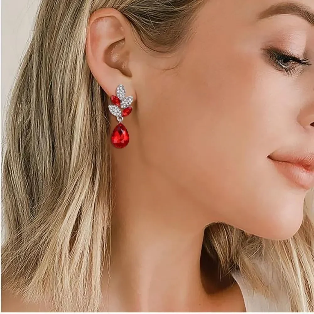 Silver with Ruby Red and White Diamond Crystal Leaf Teardrop Post Back Earrings